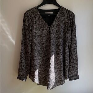 LOFT Dark Micro Floral Long Sleeve Lined Relaxed Fit Ruffle Cuff Blouse XSM